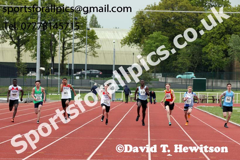 Boys under-15s 100 metres, 2019 North Eastern Track and Field Champs., Middlesbrough. Photo:  David T. Hewitson/Sports for All Pics
